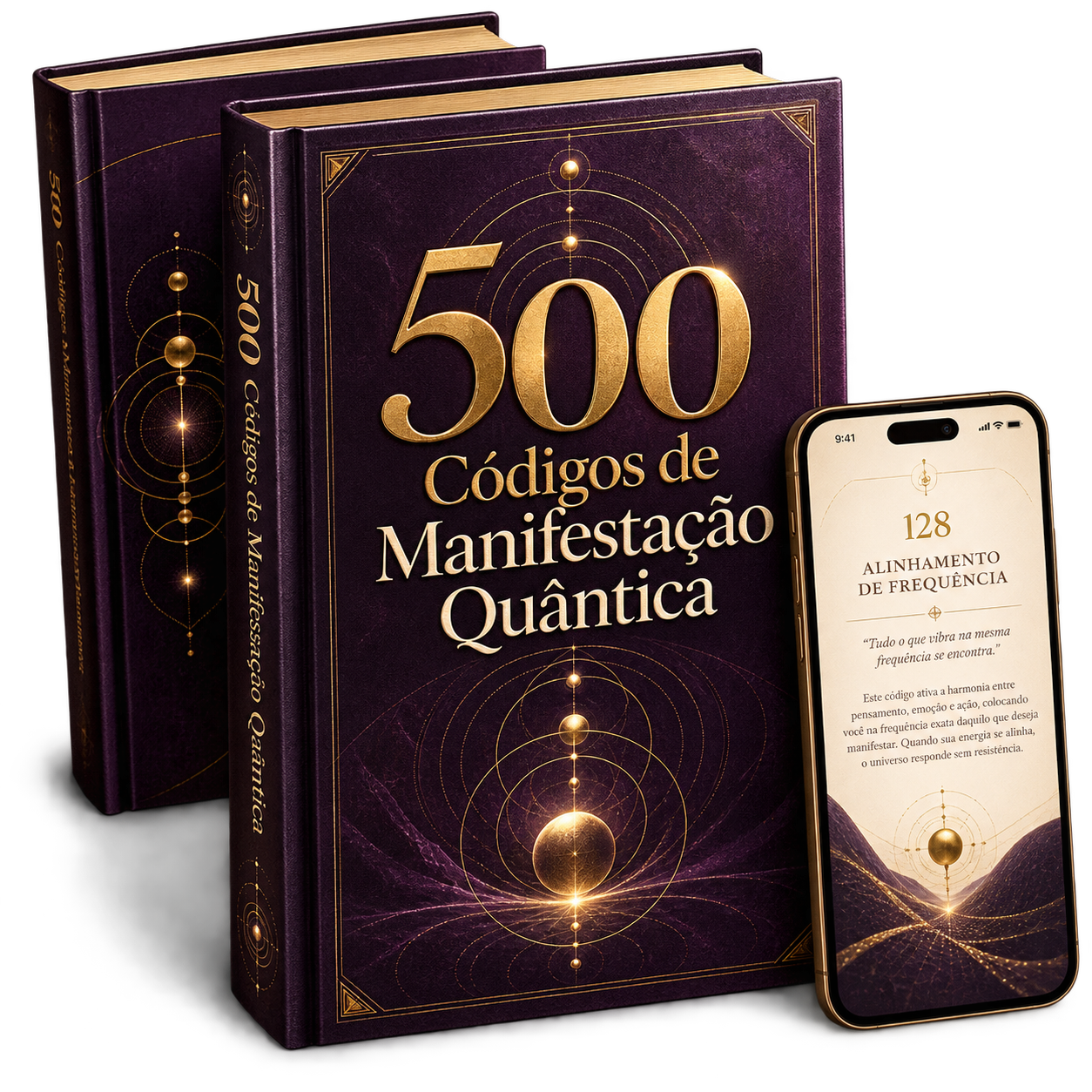 Mockup dos livros e app 500 Códigos de Manifestação Quântica